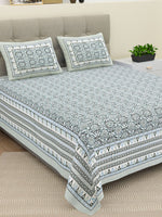 Thumbnail for BELLA CASA Ethnic Grey & White Ethnic Pure Cotton 180 TC King Bedsheet & 2 Pillow Covers - Distacart