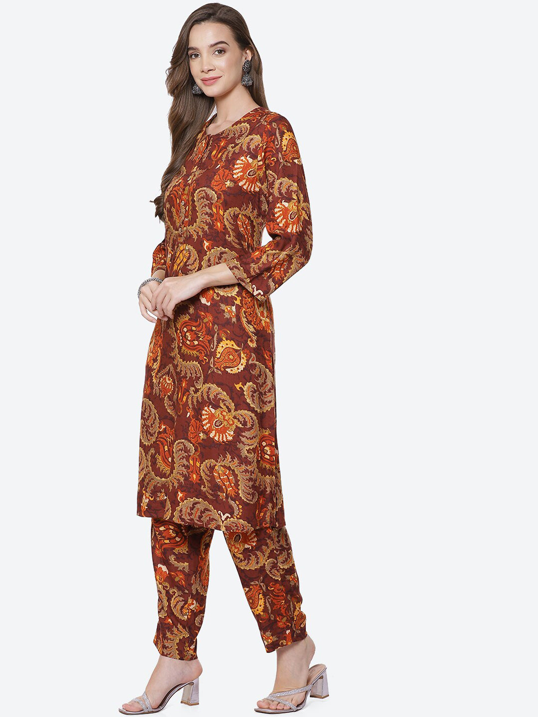 Biba Women Brown Paisley Printed Kurti with Trousers - Distacart