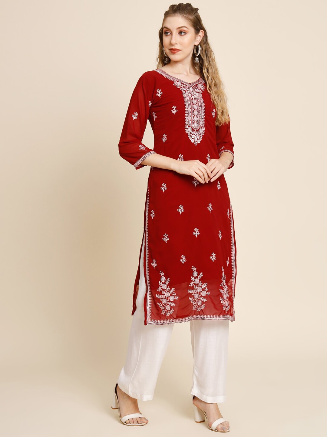 HERE&NOW Women Floral Embroidered Thread Work Georgette Kurta - Distacart