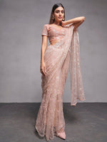 Thumbnail for Mitera Peach-Coloured & Silver-Toned Ethnic Motifs Embroidered Net Saree - Distacart