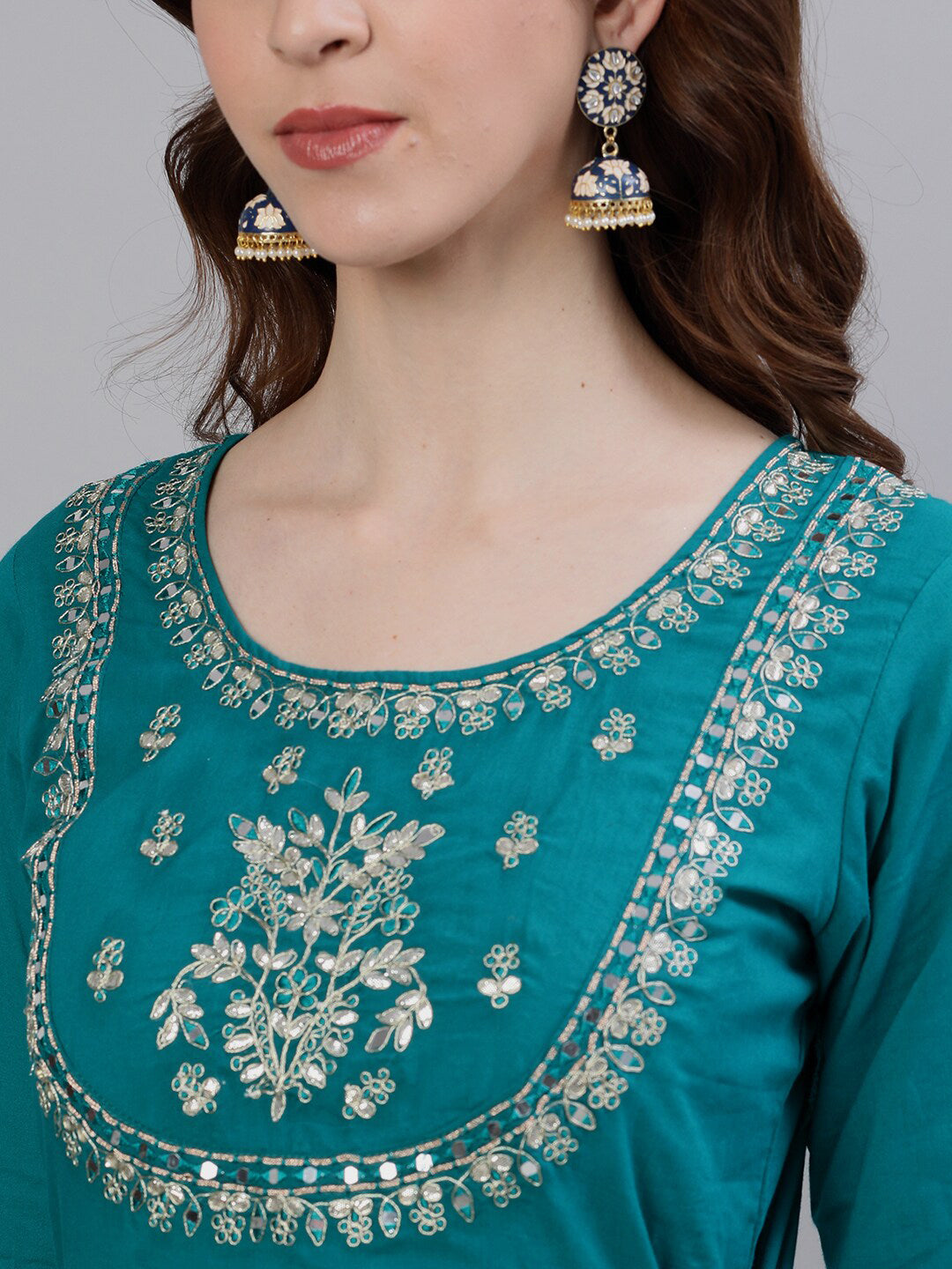 Ishin Women Teal Embellished Anarkali Cotton Kurta - Distacart