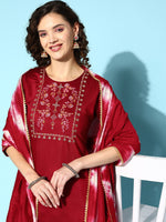 Thumbnail for Sangria Embroidered Thread Work Kurta with Trousers & With Dupatta - Distacart