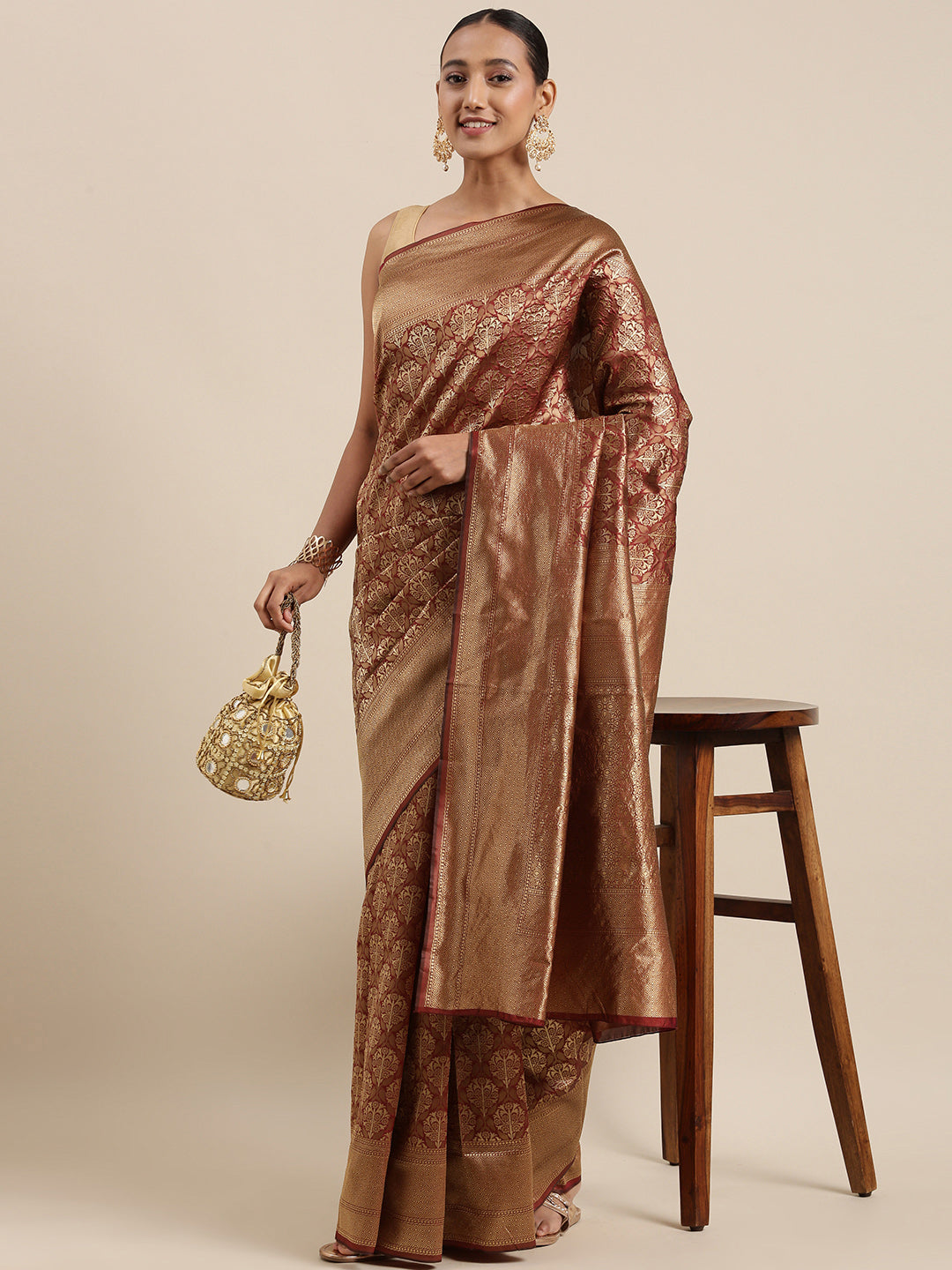 Kalini Maroon & Golden Ethnic Motifs Woven Design Banarasi Saree - Distacart