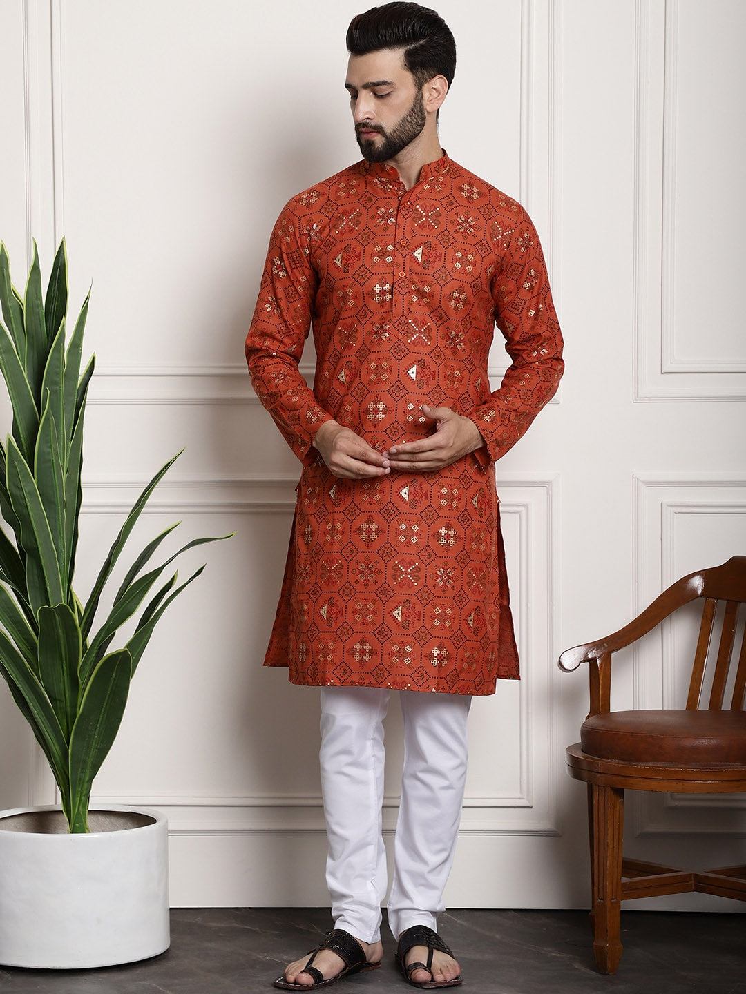 Sojanya Men Orange Printed Cotton Linen Kurta with Churidar - Distacart