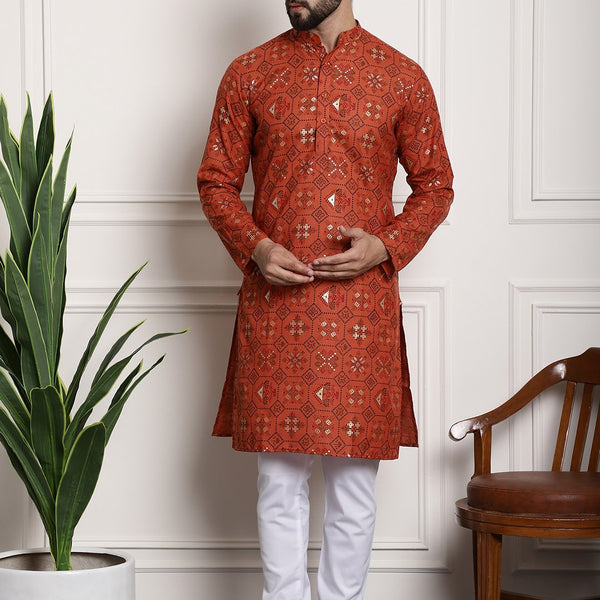 Sojanya Men Orange Printed Cotton Linen Kurta with Churidar - Distacart