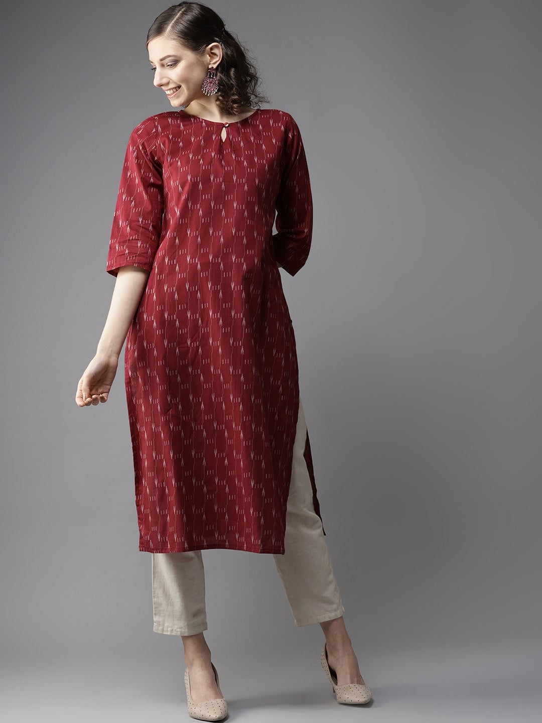 HERE&NOW Women Maroon & Off-White Printed Straight Kurta - Distacart