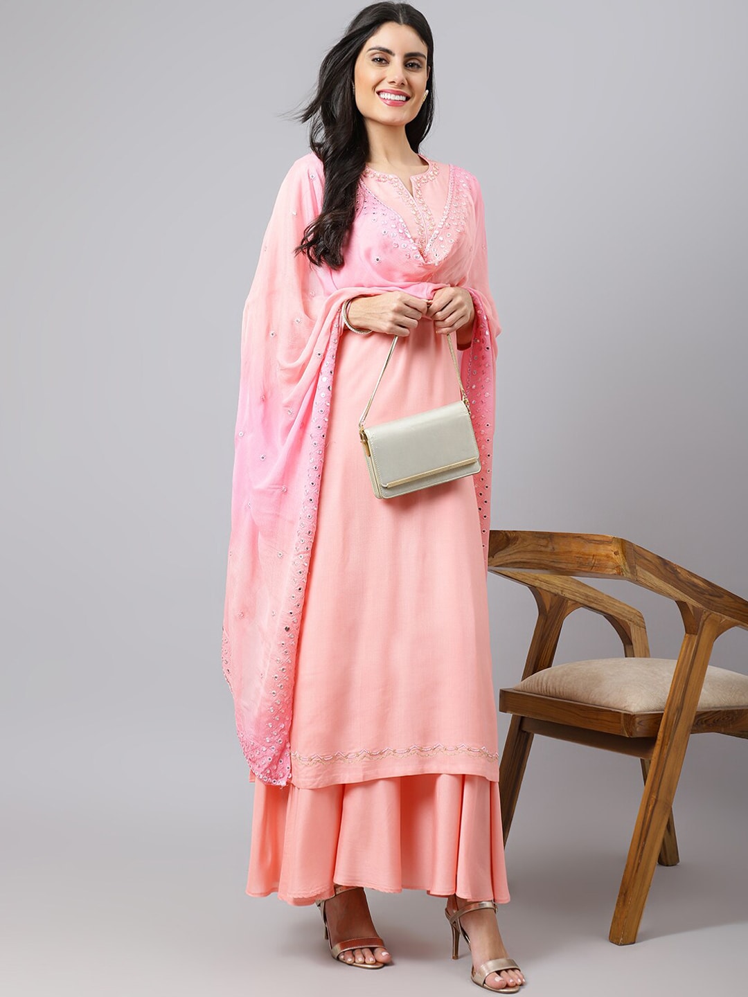 Khushal K Yoke Design Mirror Work Kurta with Palazzos & Dupatta - Distacart