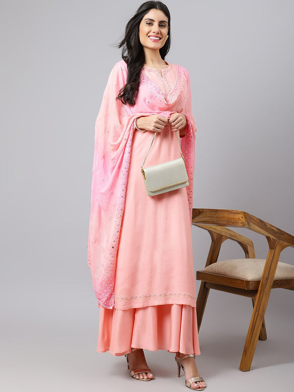 Khushal K Yoke Design Mirror Work Kurta with Palazzos & Dupatta - Distacart