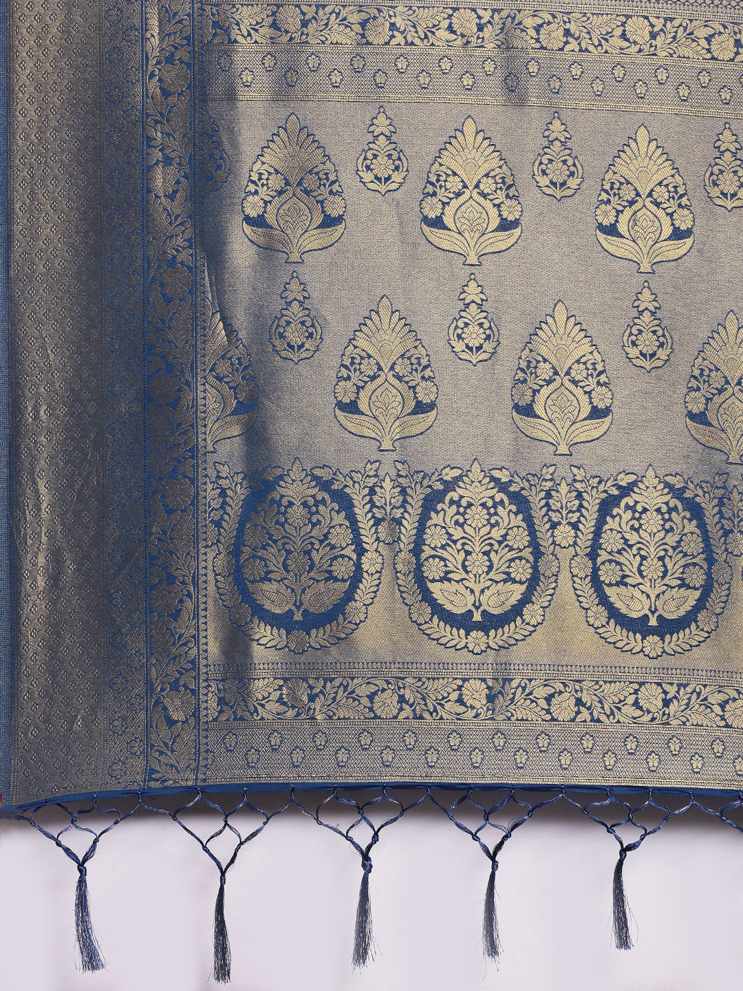 Saree Mall Navy Blue Ethnic Motifs Zari Silk Blend Banarasi Saree - Distacart