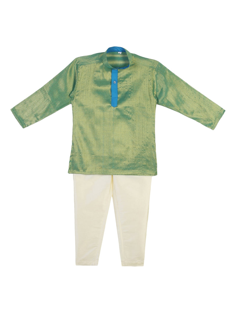 Sethukrishna Boys Green &amp; Cream-Coloured Solid Kurta with Pyjamas - Distacart