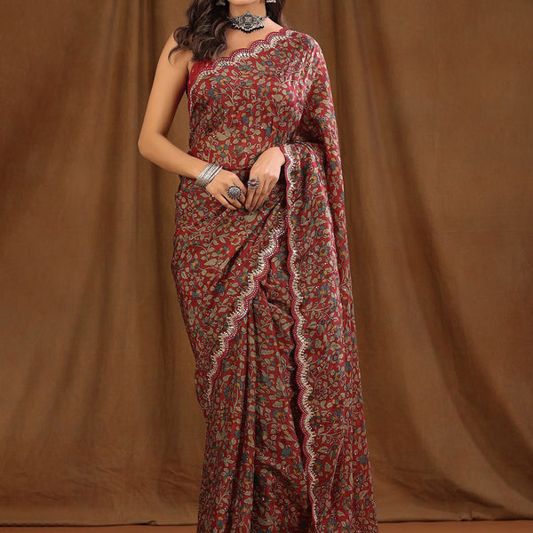 Sangria Maroon Floral Printed Beads And Stones Sarees - Distacart