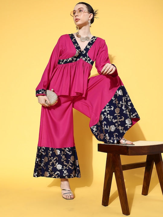 InWeave Women's Fuchsia Blue Brocade Mughal Shaan Kurta Palazzo Set - Distacart