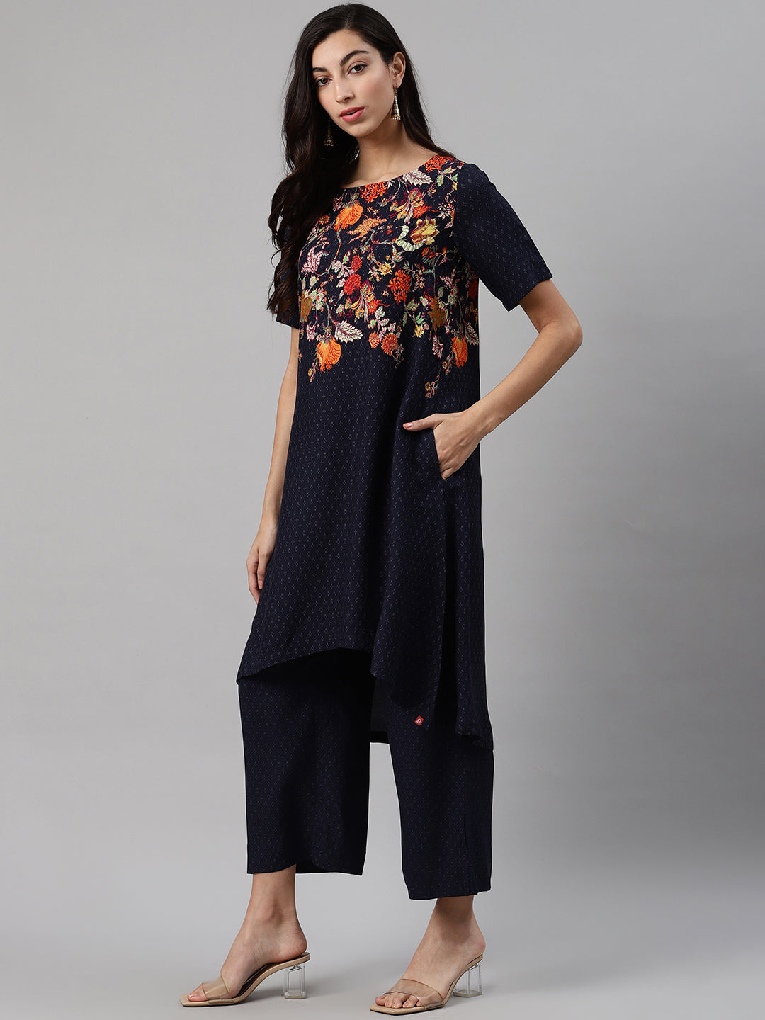 Biba Women Navy Blue Printed Kurta with Palazzos - Distacart