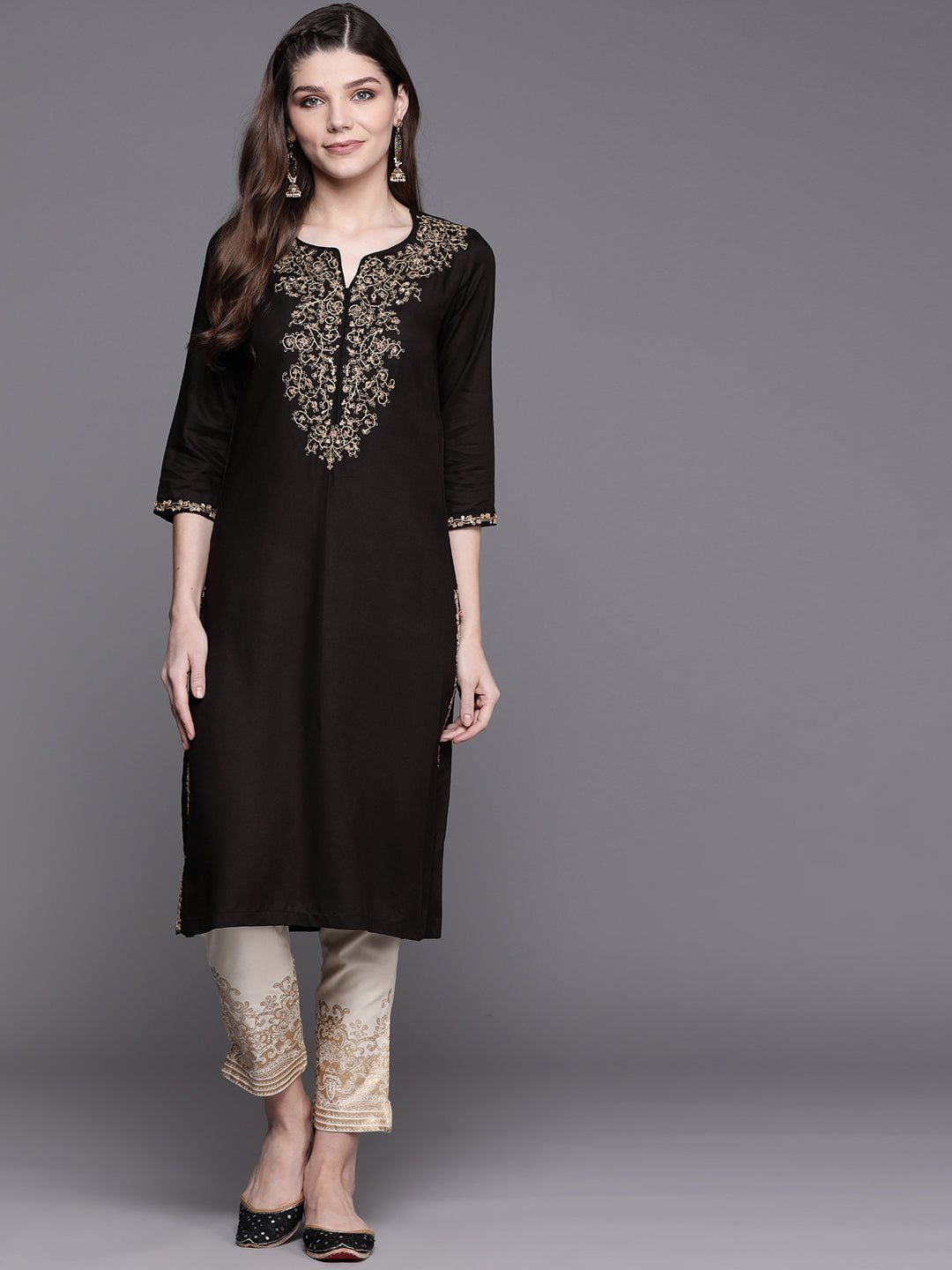 Biba Women Black & Cream-Coloured Embroidered Kurta with Trousers - Distacart
