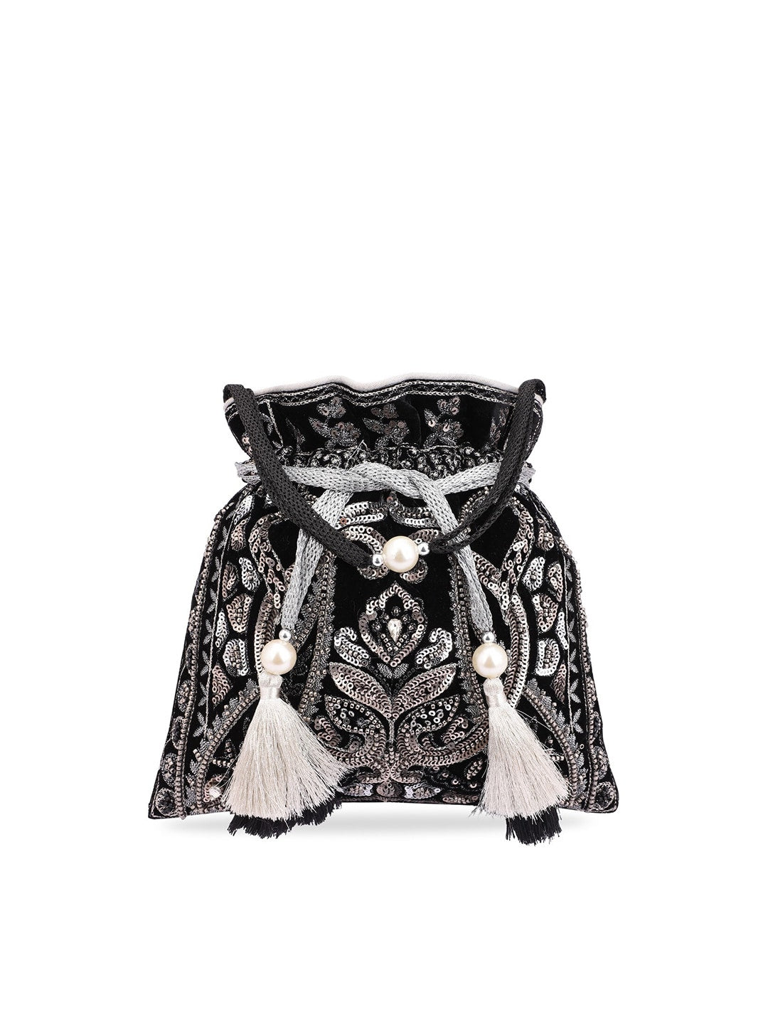 Masq Black & Silver-Toned Embellished Potli Clutch - Distacart
