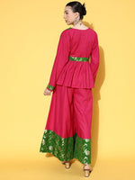 Thumbnail for InWeave Women's Fuchsia Green Brocade Mughal Shaan Kurta Palazzo Set - Distacart