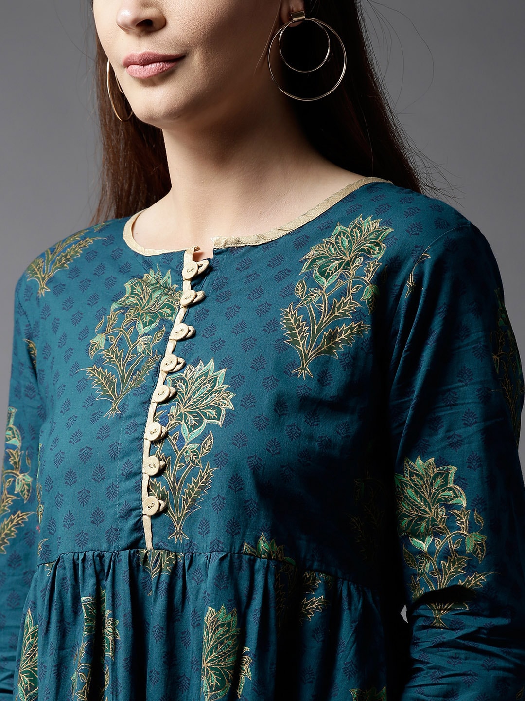 HERE&NOW Women Teal & Green Printed A-Line Kurta - Distacart