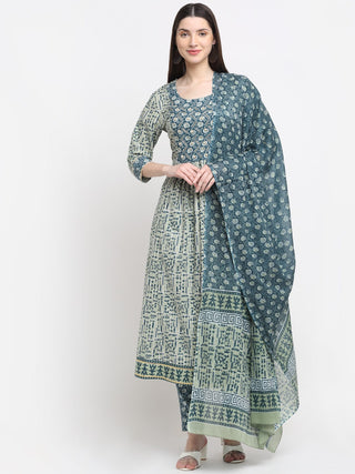 Kalini Women Grey Ethnic Motifs Printed Pleated Pure Cotton Kurta with Trousers & With Dupatta - Distacart