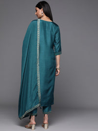Thumbnail for Libas Women Teal Blue & Gold Ethnic Motifs Zari Straight Kurta with Trousers Dupatta - Distacart