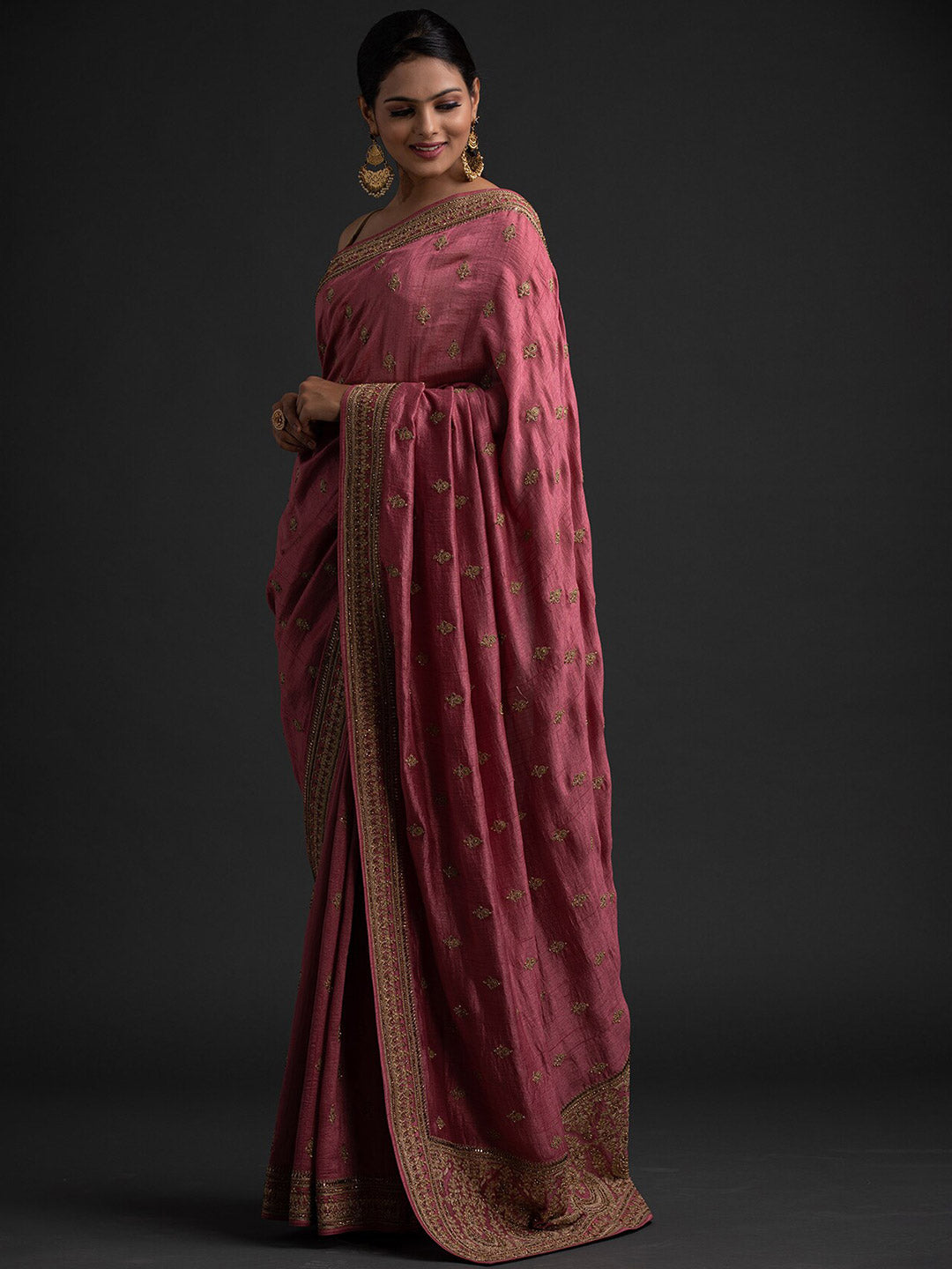 Koskii Pink & Gold-Toned Floral Embroidered Art Silk Saree - Distacart