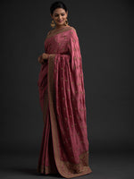 Thumbnail for Koskii Pink & Gold-Toned Floral Embroidered Art Silk Saree - Distacart