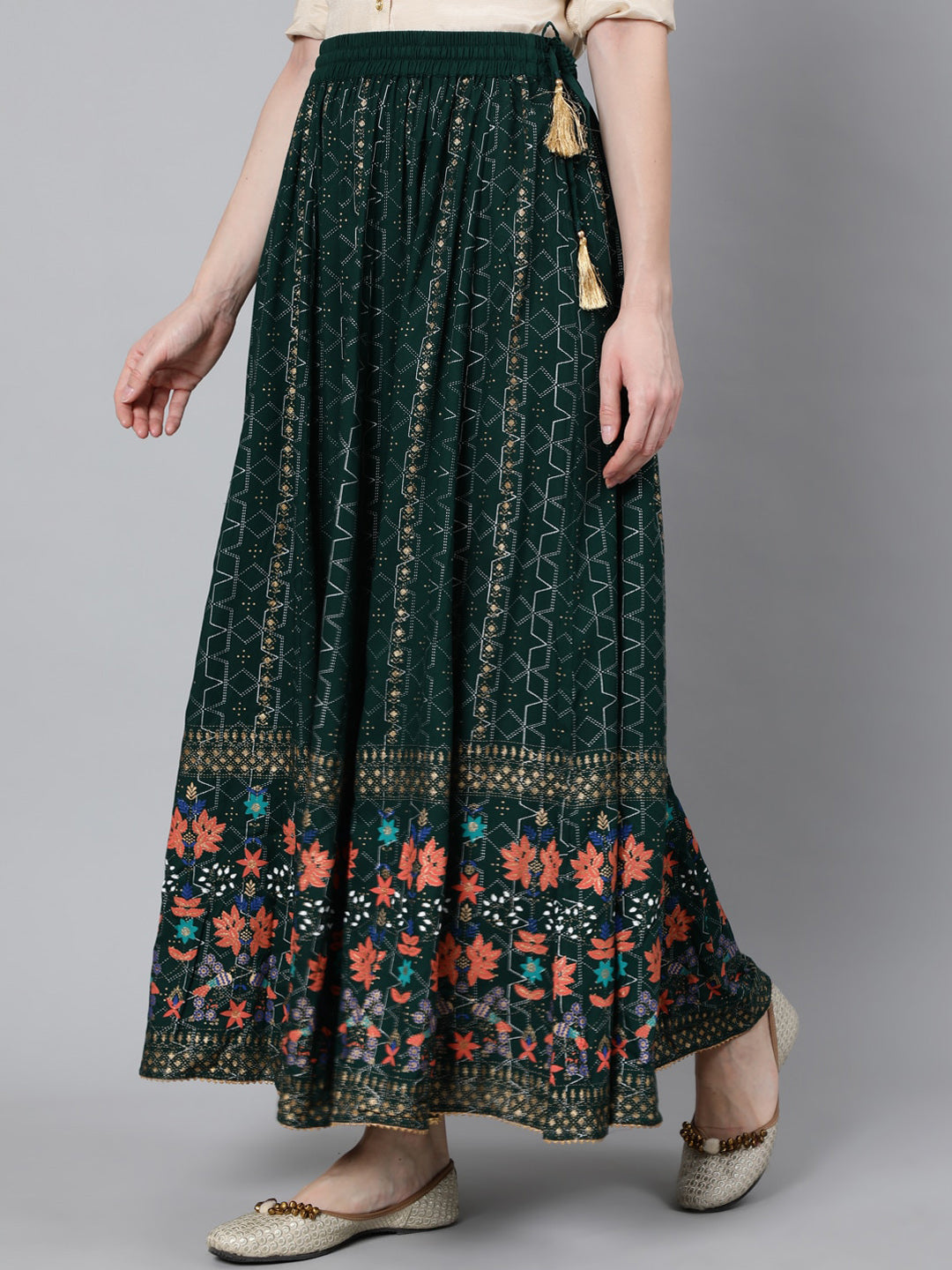 Jaipur Kurti Women Green & Peach-Coloured Floral Khadi Printed Flared Maxi Skirt - Distacart