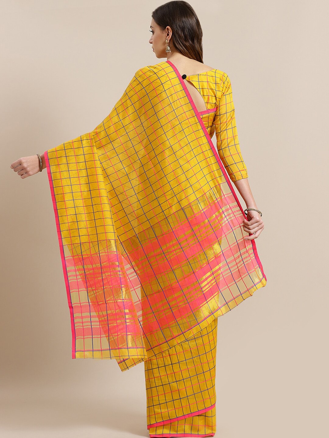 Saree Mall Mustard & Coral Checked Silk Cotton Sarees - Distacart