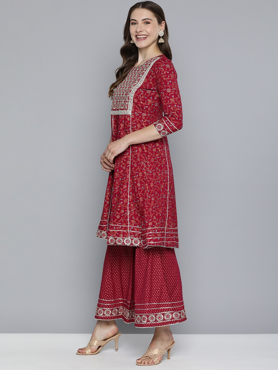 HERE&NOW Women Embroidered Gotta Patti Pure Cotton Kurta With Sharara With Dupatta - Distacart