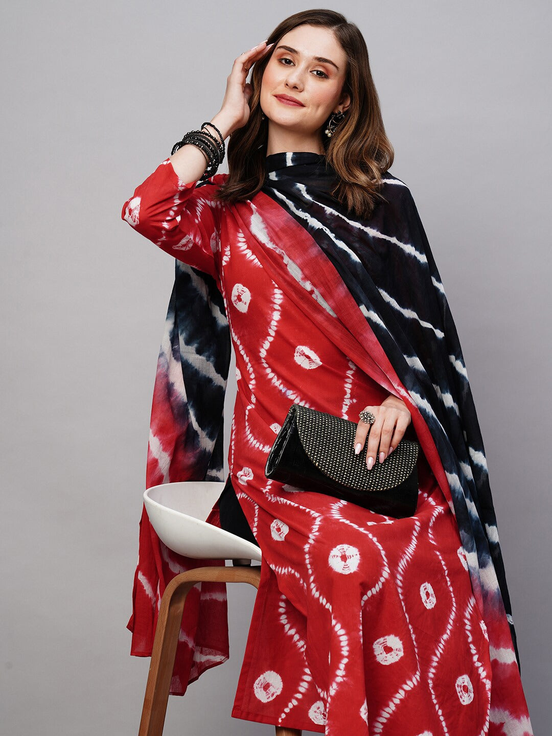 Kalini Bandhani Printed V-Neck Regular Kurta with Trousers & With Dupatta - Distacart