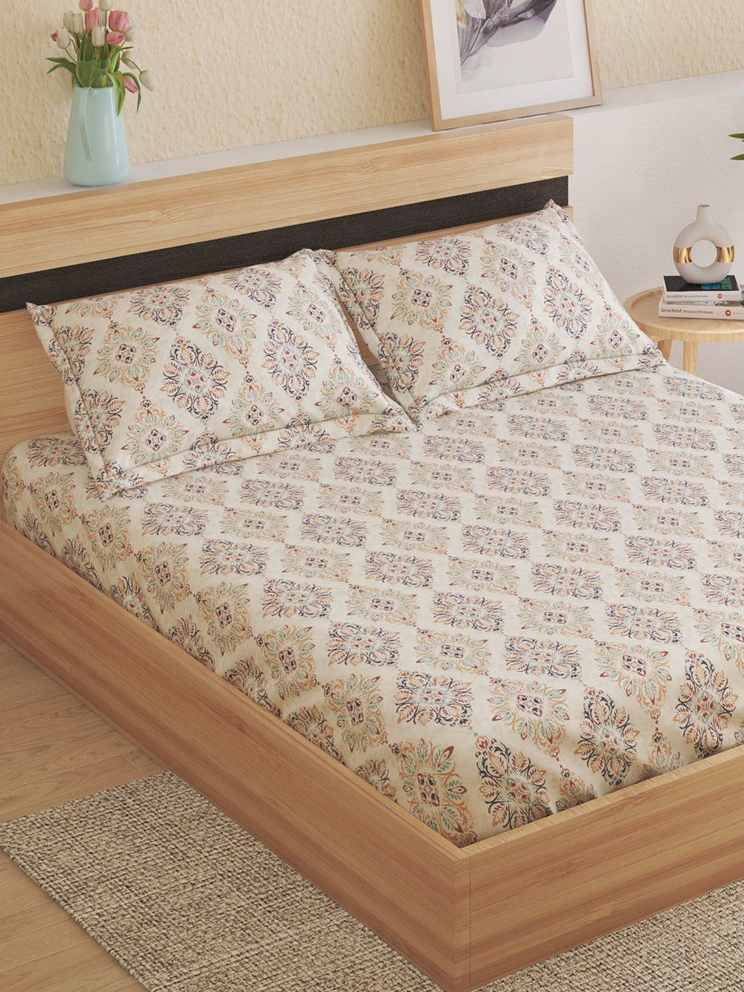 Home Centre Beige & Navy Blue Ethnic Motifs Cotton 150 TC King Bedsheet & 2 Pillow Covers - Distacart