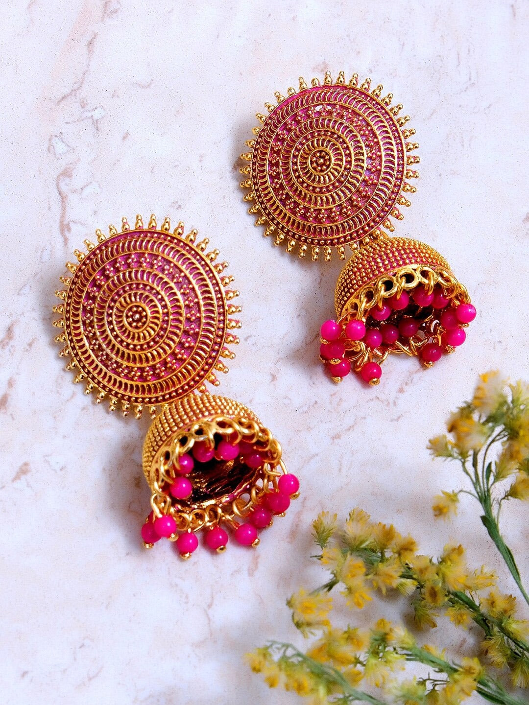 Gold-Plated Alloy Designer Brass Jhumki Earrings - The Pari - Distacart