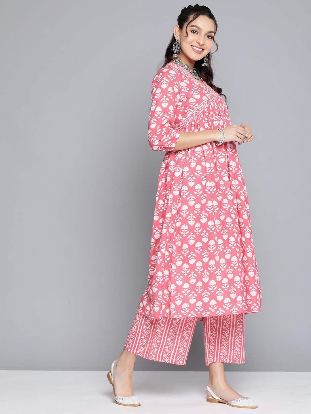 HERE&NOW Women Ethnic Motifs Printed Empire Pure Cotton Kurta With Palazzos - Distacart