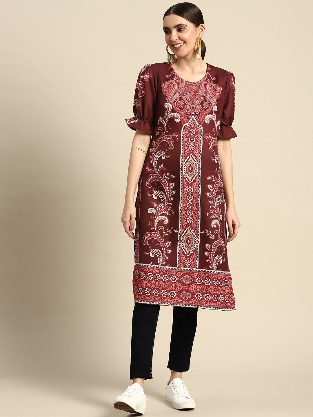 Sangria Women Ethnic Motifs Printed Puff Sleeves Straight Kurta - Distacart