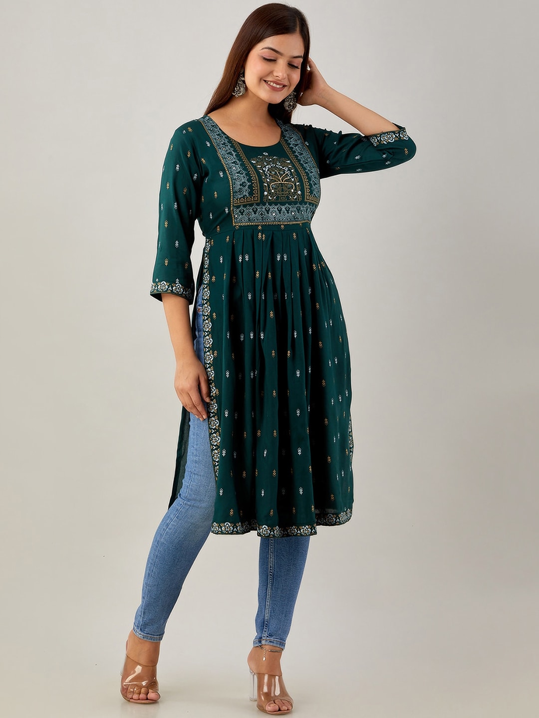 Kalini Ethnic Motifs Printed Mirror Work Kurta - Distacart