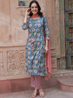 Thumbnail for Sangria Blue Floral Printed Gotta Patti Pure Cotton Kurta with Trousers & Dupatta - Distacart