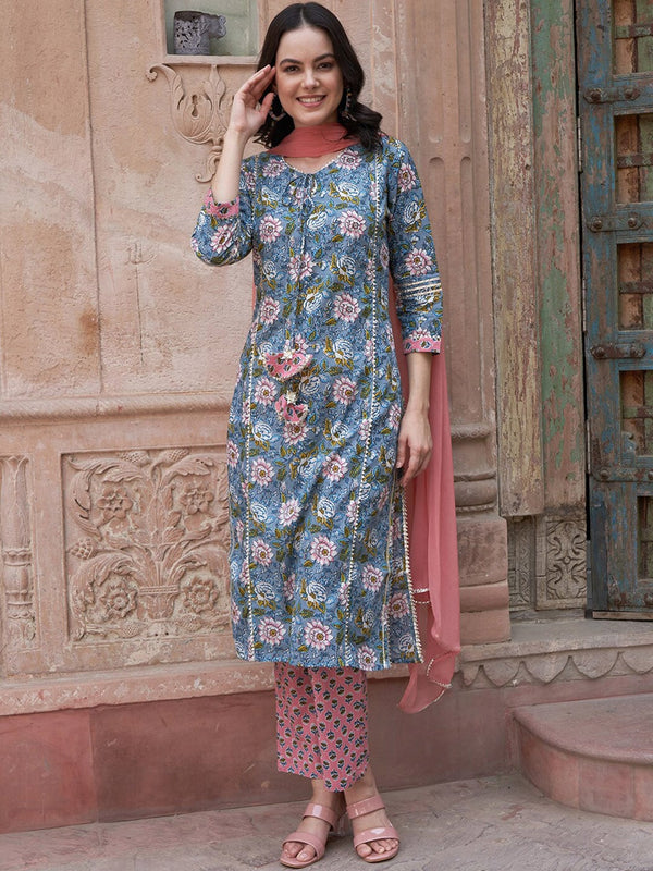 Sangria Blue Floral Printed Gotta Patti Pure Cotton Kurta with Trousers & Dupatta - Distacart