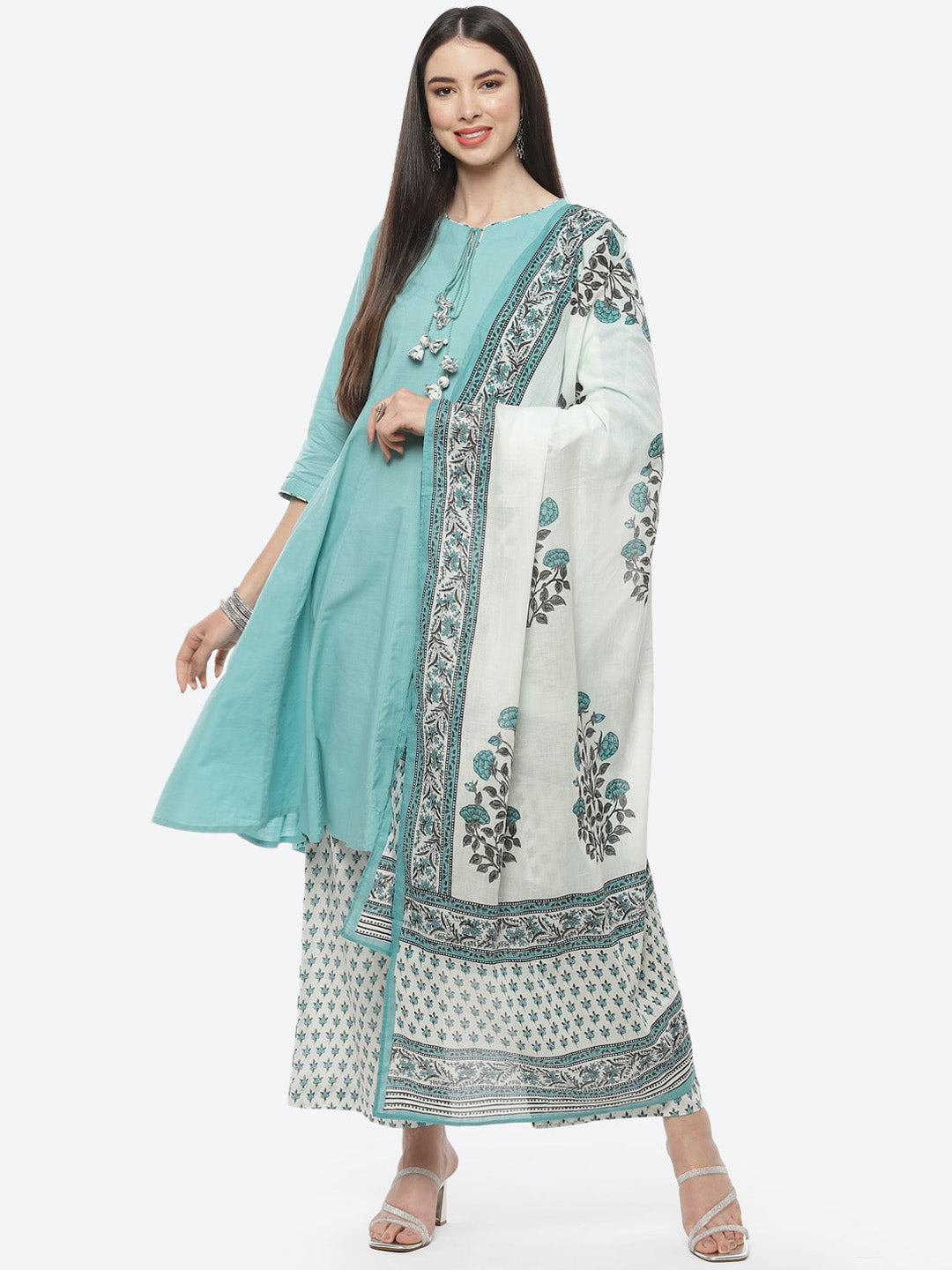 Biba Women Turquoise Blue Floral Yoke Design Panelled Pure Cotton Kurti with Trousers & With Dupatta - Distacart