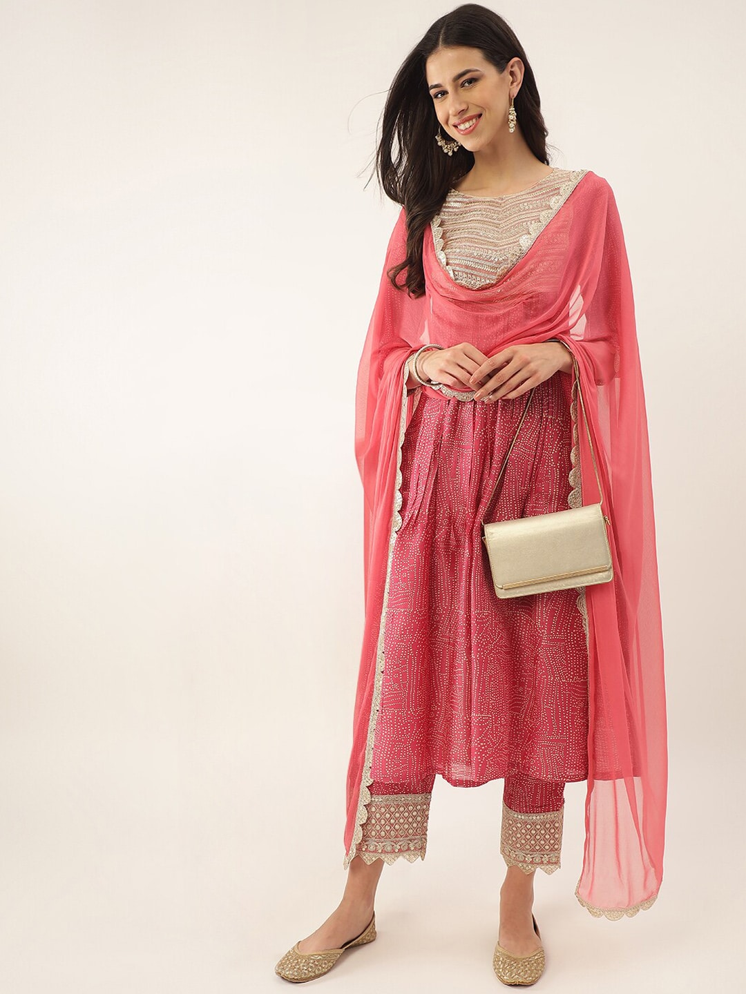 Khushal K Bandhani Printed Zari Sequined Kurta with Palazzos & Dupatta - Distacart