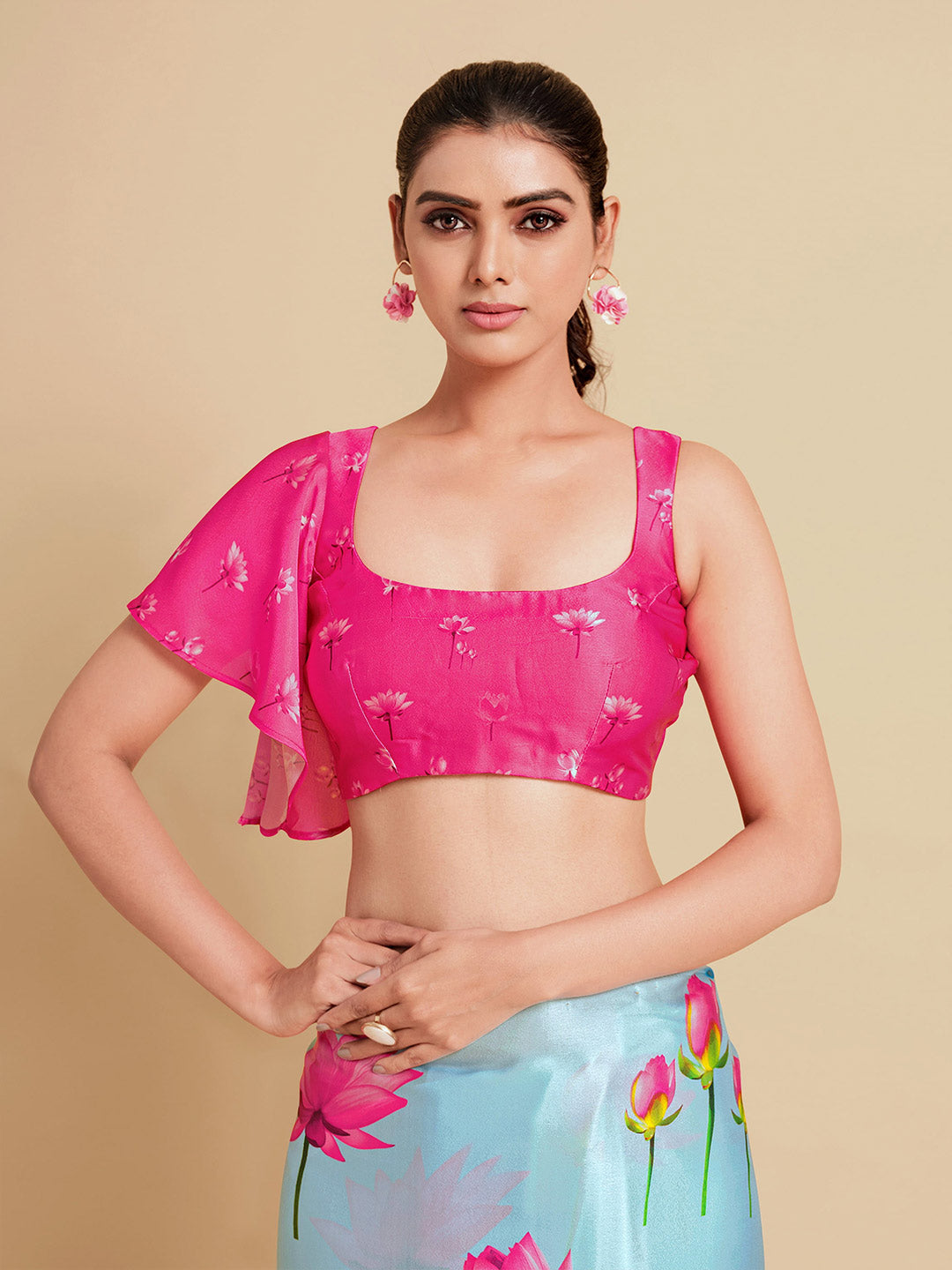 Sangria Turquoise Blue & Magenta Floral Zari Satin Saree - Distacart