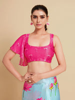 Thumbnail for Sangria Turquoise Blue & Magenta Floral Zari Satin Saree - Distacart
