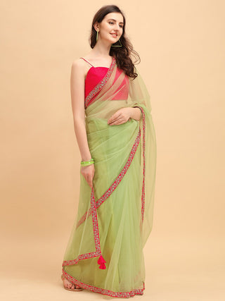 Sangria Green & Red Embroidered Net Saree - Distacart