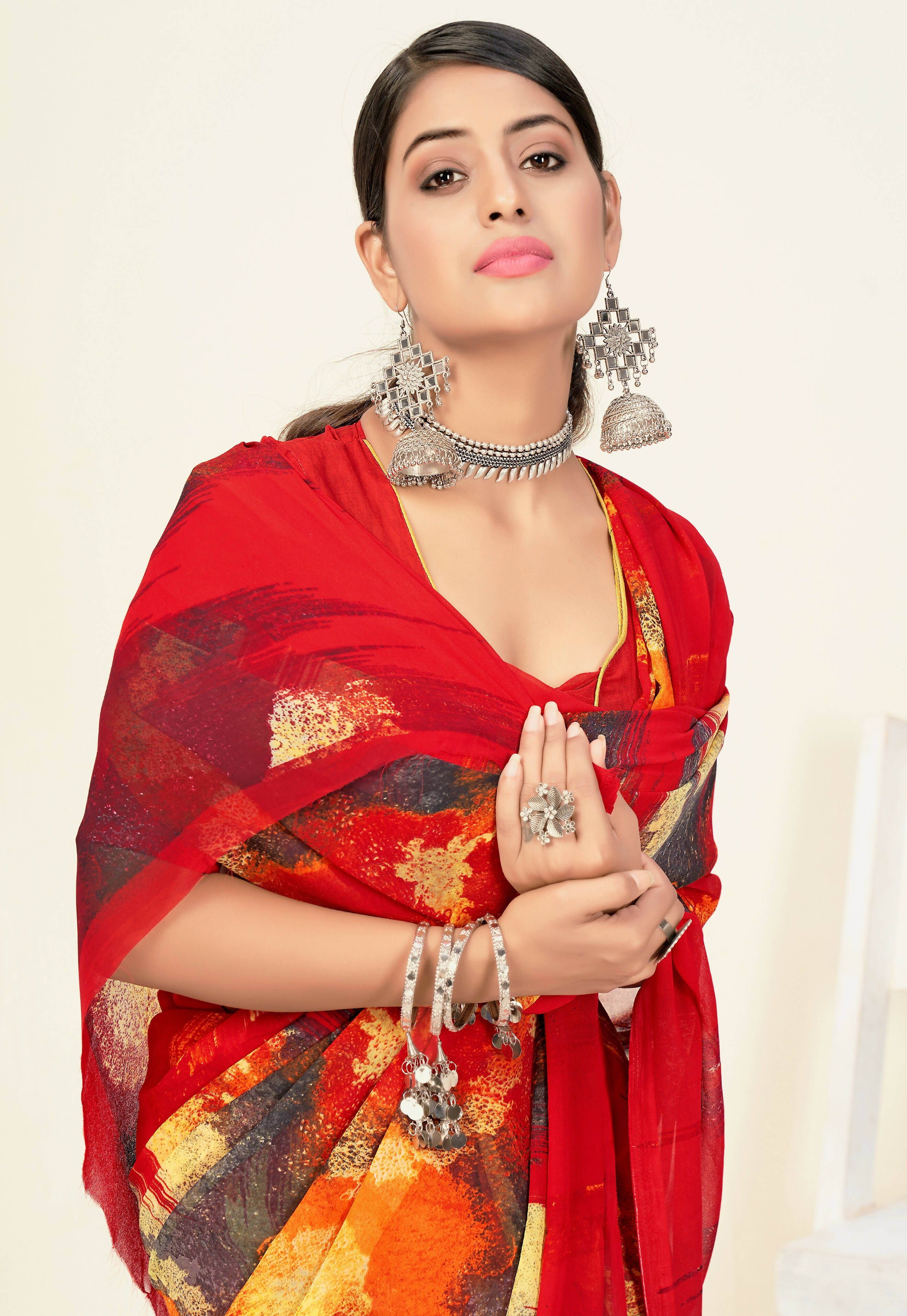 Red Georgette Texture Printed Saree With Unstitched Blouse Piece - Jyoti - Distacart