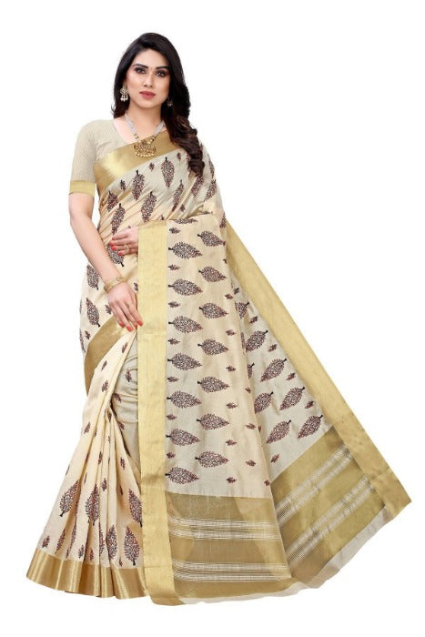 Vamika Cotton Polyester Silk Weaving Cream Saree (KERALA CRISMISTMAS)
