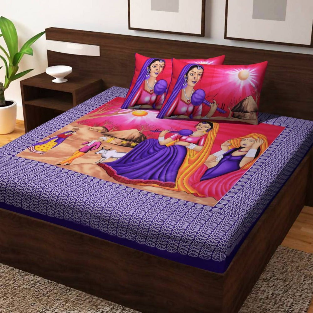 Vamika Printed Beautiful Design Cotton Blue Bedsheet With Pillow Covers