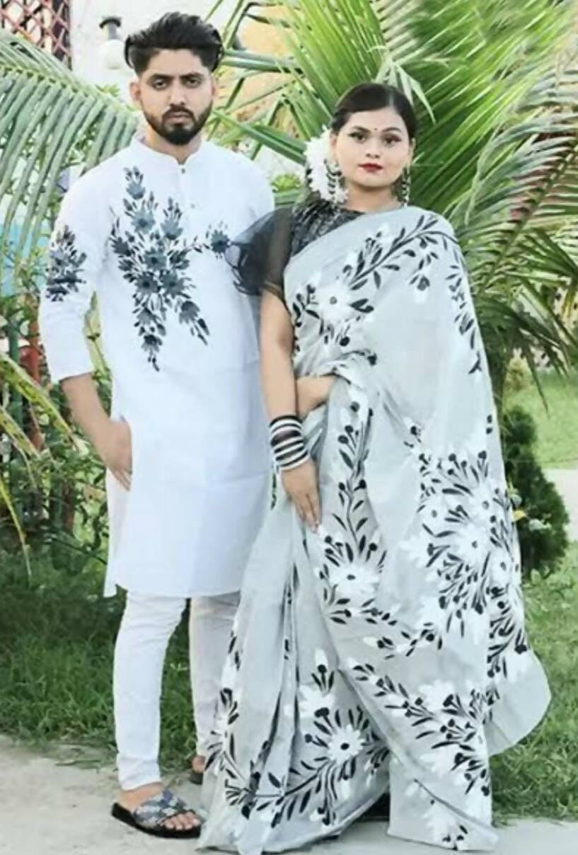 Exclusive Collection Elegant Hand Printing Designe On Pure Cotton Saree And Men's Kurta - White - Distacart