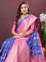 Thumbnail for Lorenvalley Fashion Blue Cotton Woven Design Zari Meenakari Weaving Saree - Distacart