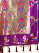 Thumbnail for Lorenvalley Fashion Wine Soft Paithani Silk Woven Design Copper Zari Meenakari Weaving Saree - Distacart