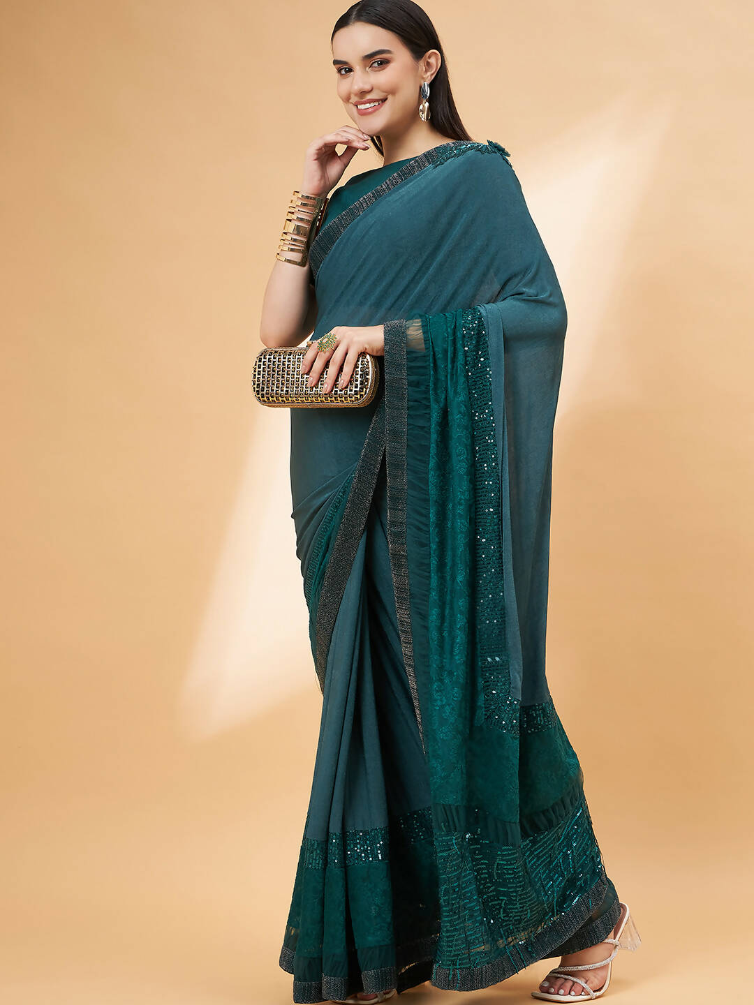 Green Lycra Flock Work, Seuqins Embroidery, Handwork Shoulder Butta Saree - Norita Hit Design - Distacart