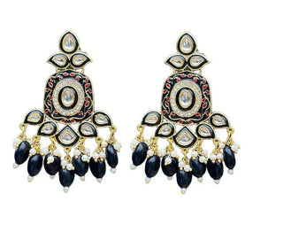 Gold-Toned Black Kundan Contemporary Drop Earrings for Women & Girls By House of Ree - Distacart