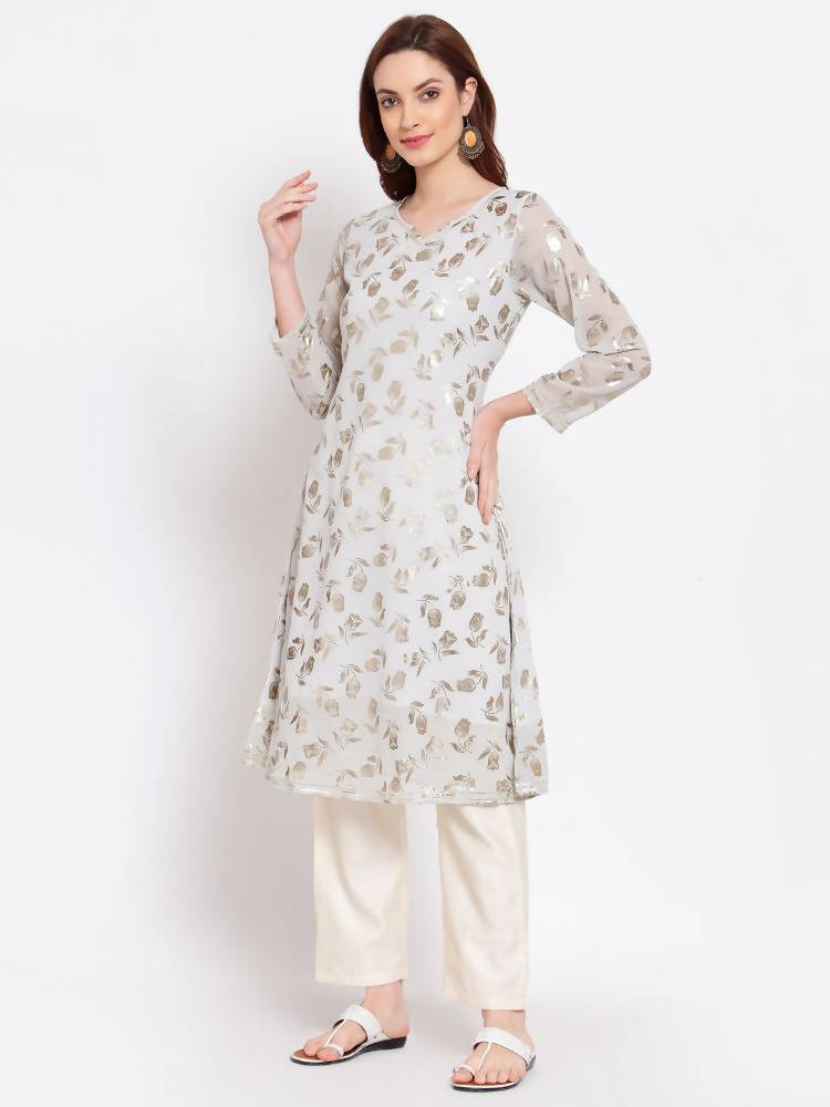Myshka Women's Grey Printed Georgette 3/4 Sleeve Round Neck Casual Kurta